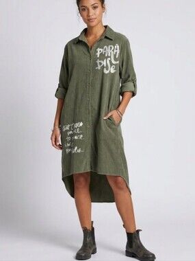 VASNA Corduroy Paradise Fall Festival Olive Green ButtonDown Highlow Shirt Dress